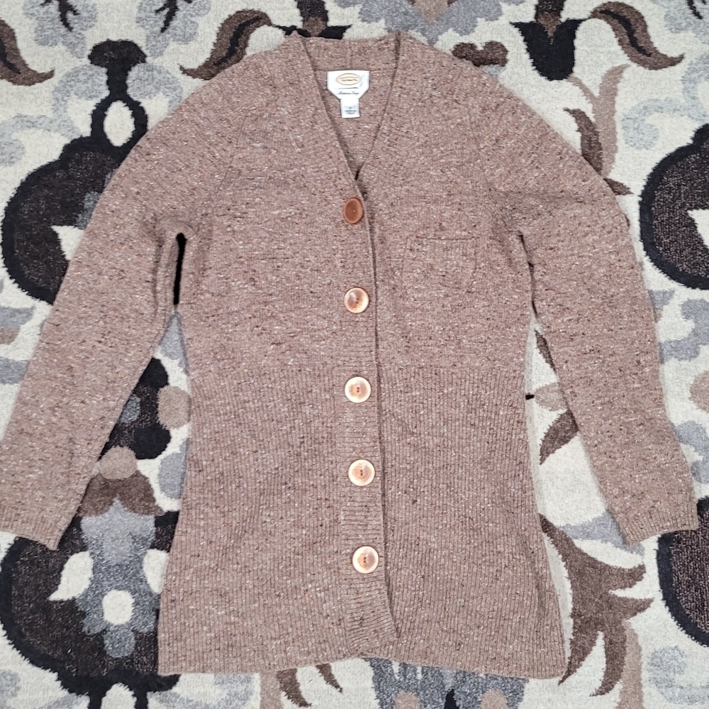 TALBOTS Tan WOOL BLEND Cardigan SWEATER Button Front Long Sleeve Women’s Sz S